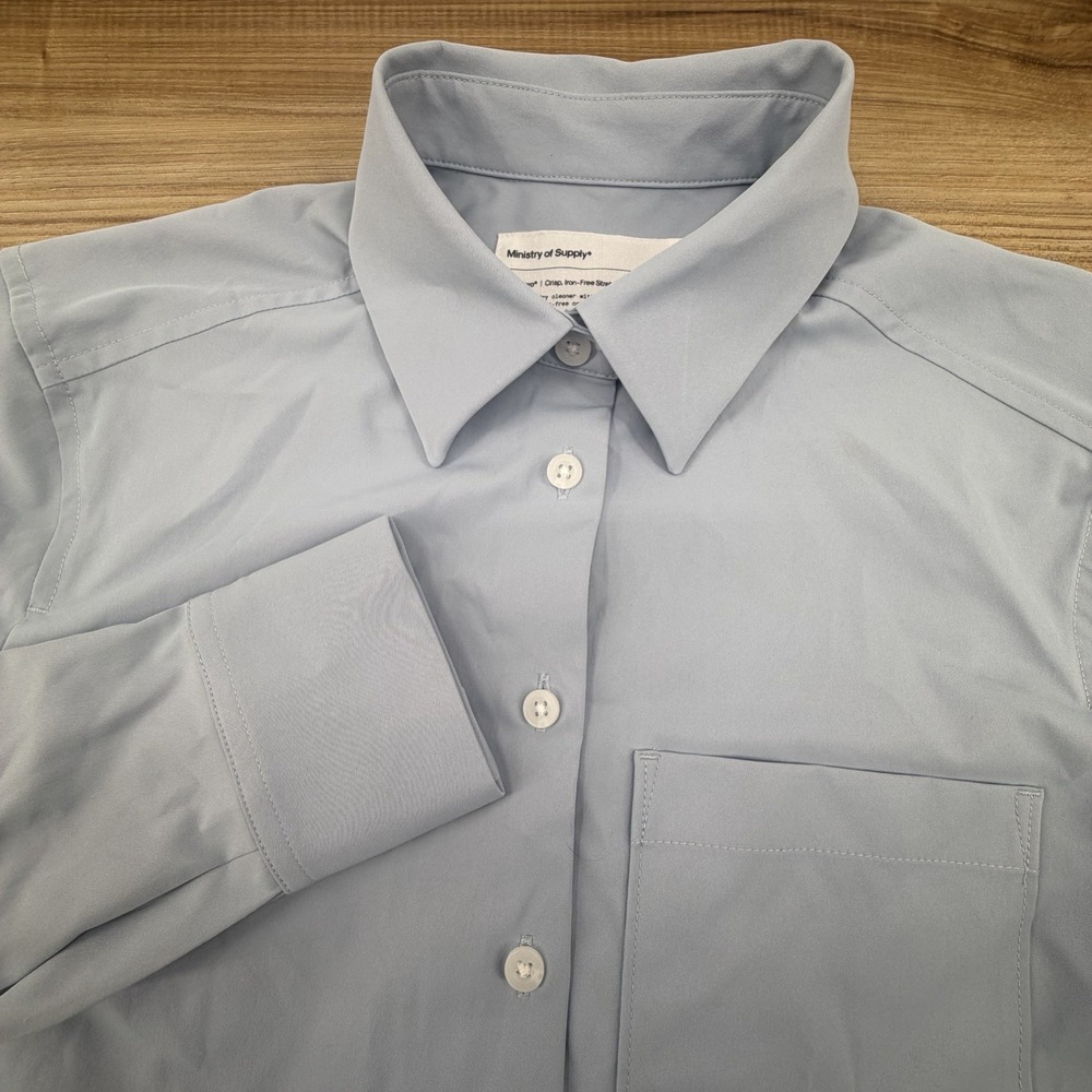 Ministry of Supply Shirt Blue Aero Zero Dress Shirt, Womens Size 2XS Long Sleeve